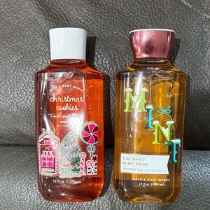 Bath and body holiday shower gels in Christmas cookies and coconut mint drop